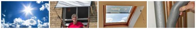 A strip of small heatwave-related images, including sun, shading, a rooflight and pipe insulation.